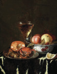 ₴ Репродукция натюрморт от 247 грн.: Краб на оловянном блюде, персик, вишня в оловянной миске и бокал, на драпированном столе