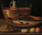 ₴ Репродукция натюрморт от 259 грн.: Карп на тарелке кувшин в ковше, миндаль и цитрусовые на столе