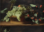 Купить натюрморт художника от 194 грн.: Синий и белый виноград, вместе с шелковицей, все в корзинке на деревянном выступе