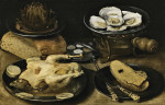 Купить натюрморт художника от 174 грн.: Блюдо с устрицами на мангале, артишок в блюде, опирающихся на буханку хлеба, приготовленый цыпленок, нож, вилка и ломтики хлеба на блюде, серебрянная приправница на столе