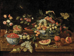 ₴ Репродукция натюрморт от 241 грн.: Фрукты в фарфоровых чашах, ваза с цветами и две белки едят орехи