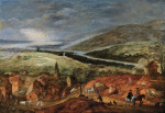 Купить картину пейзаж известного художника от 184 грн: Обширный горный речной пейзаж с путешественниками возле деревни