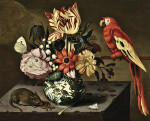 Купить натюрморт художника от 209 грн.: Цветы в вазе Ван-Ли на каменном выступе с мышью и алым ара