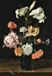 Купить натюрморт художника от 172 грн.: Цветы в стеклянном ремере на выступе с опавшими лепестками