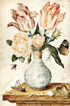 Купить натюрморт художника от 179 грн.: Тюльпаны, розы, маки, анемоны и нигелла в вазе Ван-Ли с позолоченными насадками, с красным адмиралом и другими насекомыми вокруг на деревянном выступе