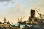 ⚓Репродукція морський краєвид від 319 грн.: Середземноморський морський порт з моряками, які опускають якір і вивантажують вантаж корабля