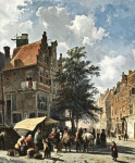 ₴ Репродукция городской пейзаж от 293 грн.: Рыночная сцена на солнечной улице голландского города