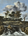 ₴ Репродукція пейзаж від 247 грн.: Річковий пейзаж з чоловіком на мосту над водоспадом, дуби, що ростуть, вдалині