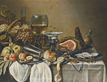 ₴ Репродукция натюрморт от 247 грн.: Ветчина, различные фрукты, устрицы, хлеб, соль карманные часы расположены на столе задрапированном белой тканью