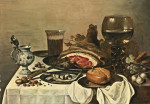 ₴ Купити натюрморт відомого художника від 189 грн .: Дельфтський глечик, шинка на олов'яному блюді, стакан вина, риба і рулет на задрапірованому столі