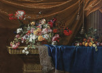 ₴ Репродукция картины натюрморт художника от 175 грн.: Корзина цветов и насыпанные фрукты на скульптурном каменном столе, покрытый синий бархатом, золото-серебристая бахрома, на фоне каменной колонны