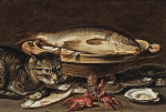 Купить натюрморт от 179 грн.: Натюрморт с рыбой в керамическом друшлаге, устрицы, лангусты, скумбрия и кошка