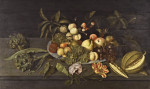 ₴ Репродукция натюрморт от 261 грн.: Натюрморт с яблоками, грушами, виноградом и другими фруктами в китайской фарфоровой чаше на выступе рядом с дыней