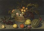Купить натюрморт художника от 189 грн.: Персики, абрикосы и виноград в плетеной корзинке, с дыней, грушей, апельсином и другими фруктами, все на каменном выступен