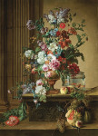 ₴ Репродукция картины натюрморт высокого разрешения от 156 грн.: Цветы в урне на каменном выступе с золотой рыбкой в стеклянном шаре, дыня и виноград