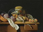 ₴ Репродукция натюрморт от 317 грн.: Кухонный натюрморт с капустой в оловянной посуде, цветная капуста на тарелке, персики и груша в миске, все на деревянном столе