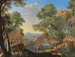 Купить картину пейзаж художника от 199 грн: Скалистый пейзаж с фигурами, ловящими рыбу у ручья