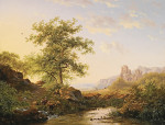 ₴ Репродукция картины пейзаж от 184 грн: Летний пейзаж, люди на берегу ручья на фоне руин