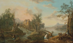 ₴ Картина пейзаж художника от 152 грн.: Прибрежный пейзаж с фигурами в лодке и вдоль пути