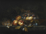 ₴ Репродукция натюрморт от 235 грн.: Персики, сливы и виноград в корзине на каменном выступе
