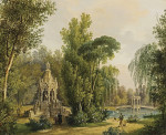 ₴ Репродукция картины пейзаж от 198 грн: Готический мемориал в парке, мост и озеро в отдалении