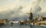 ₴ Репродукция пейзаж от 205 грн.: Голландский деревенский пейзаж с фигурами на замерзшем канале