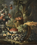 ₴ Репродукция натюрморт от 237 грн.: Перевернутая корзина с фигами, абрикосами и другими фруктами и цветами в пейзажном окружении