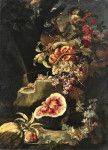 Картина натюрморт художника от 156 грн.: Арбуз, гранат, виноград и девушкой