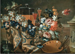 ₴ Репродукция натюрморт от 229 грн.: Виноград, графин с вином и двумя фужерами, букет цветов и палитра художника