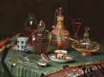 ₴ Репродукция натюрморт от 235 грн.: Китайские фарфоровые чашки, хрустальная бутылка и карманные часы на столе