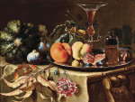 Картина натюрморт художника от 184 грн.: Фрукты и цветы со стеклянной бутылкой и венецианским стеклом на серебряной тарелке