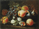 Картина натюрморт хуложника от 184 грн.: Натюрморт с персиками, виноградом, инжиром и цветами