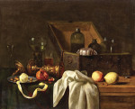₴ Картина натюрморт художника от 195 грн.: Сундук, блюдо, реммер, кубок, гранат, лимоны и оливки