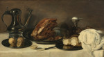 ₴ Репродукция натюрморт от 187 грн.: Оловянный кувшин, ветчина на оловянной тарелке, лимоны, хлеб, позолоченный ромер и другие предметы на столе, покрытом белой тканью