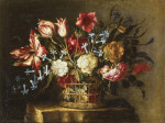 ₴ Репродукция натюрморт от 253 грн.: Тюльпаны, колокольчики и другие цветы в корзине на каменном постаменте