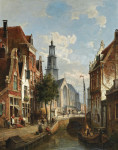₴ Репродукція міський краєвид 242 грн.: Фігури на вулиці вздовж каналу в Амстердамі, Вестеркерк на відстані