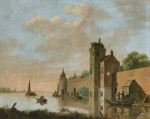 ₴ Репродукция пейзаж от 333 грн.: Стены замка вдоль канала с лодками и фигурами на пароме