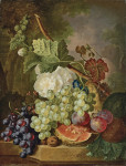 ₴ Купить натюрморт известного художника от 172 грн.: Цветы, виноград, сливы, грецкие орехи и дыня на каменном выступе