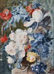 ₴ Купить натюрморт известного художника от 170 грн.: Красочный букет из роз, маков, тюльпанов и примул в ландшафтном саду