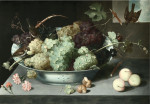 ₴ Репродукция натюрморт от 223 грн.: Гроздья винограда в фарфоровой миске, три воробья и бабочка, персики и улитки на каменном выступе
