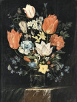 ₴ Купить натюрморт известного художника от 150 грн.: Тюльпаны, незабудки, гвоздика и другие цветы в вазе на мроморном выступе