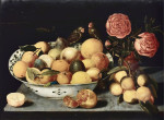 ₴ Купить натюрморт известного художника от 180 грн.: Фрукты в чаше Ван-ли на столе с гранатом, букет роз и два попугая