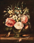 ₴ Купить натюрморт известного художника от 185 грн.: Цветочный натюрморт в стеклянной вазе с птицей