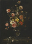 ₴ Картина натюрморт известного художника от 153 грн.: Натюрморт с красными, белыми и розовыми розами в стеклянной вазе на каменном выступе с бабочками, кузнечиком и жуком