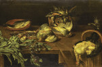 ₴ Картина натюрморт известного художника от 166 грн.: Птицы и рыба на столе, артишок и ветка сливы