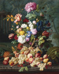₴ Купить натюрморт известного художника от 185 грн.: Цветы и фрукты на каменном выступе на фоне парка