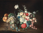 ₴ Купить натюрморт художника от 184 грн.: Розы, пионы и другие цветы в перевернутой миске с персиками и виноградом