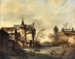 Купить картину пейзаж художника от 189 грн: Зимний пейзаж с лошадьми и фигурами на льду возле замка