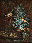 ₴ Репродукция натюрморт от 294 грн.: Певчие птицы, бабочки, чертополох, цветы и рептилии возле ручья