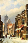 ₴ Картина городской пейзаж художника от 166 грн.: Заснеженная улица в Залтбоммеле, Гроте Керк в отдалении